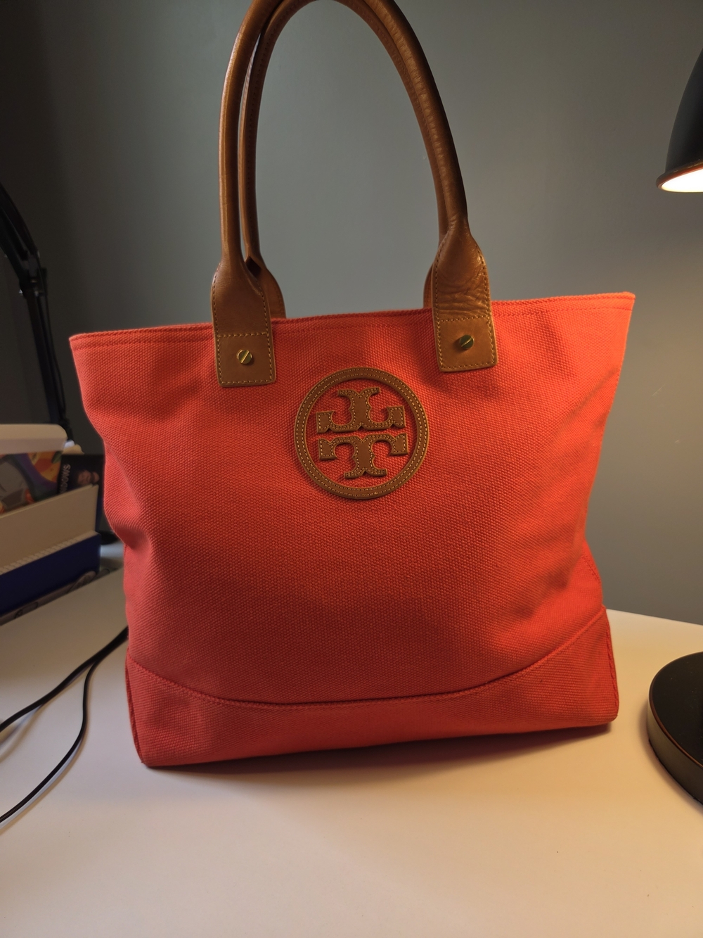 Tory Burch Canvas Tote with Tan Leather Handles